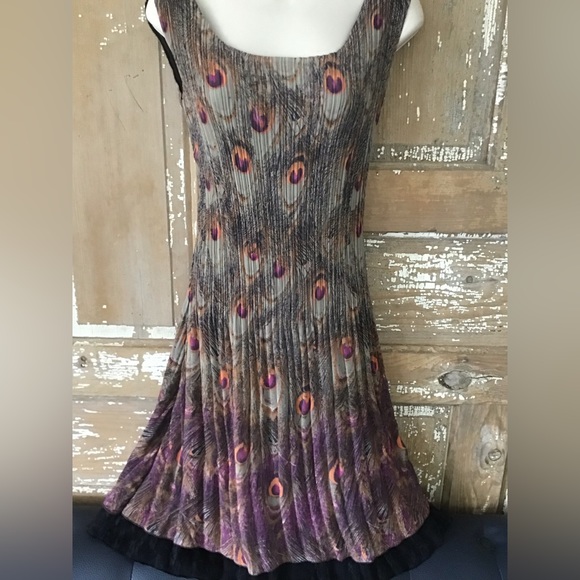 Veeca Dress Peacock Feather Print Multi Color XS Fit And Flare - Picture 2 of 7
